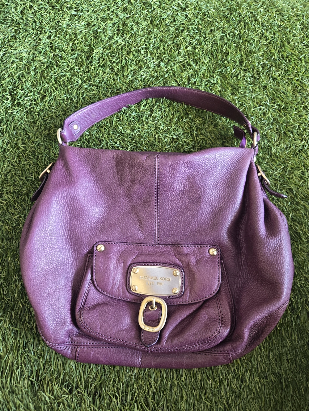 Michael Kors 1981  Plum Pebbled Leather Shoulder Bag with Gold Hardware
